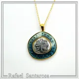 Byzantine Christian Prayer Talisman Necklace: Oxidized Sterling Silver, 18K Gold-Filled, Transparent Blue Enamel