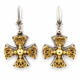 Byzantine Filigree Cross Dangle Drop Earrings: Sterling Silver, 18K Gold-Filled