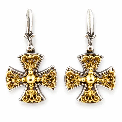 Byzantine Filigree Cross Dangle Drop Earrings: Sterling Silver, 18K Gold-Filled
