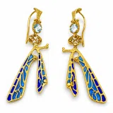 Art Nouveau Dragonfly feather Sterling Silver Earrings Gold Filled Blue Enamel Sky Blue Topaz Handmade Jewelry
