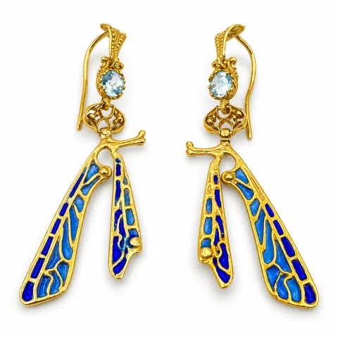Art Nouveau Dragonfly feather Sterling Silver Earrings Gold Filled Blue Enamel Sky Blue Topaz Handmade Jewelry