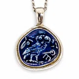 Athena's Owl Symbol of Wisdom Coin Pendant: Blue Enamel, Oxidized Sterling Silver