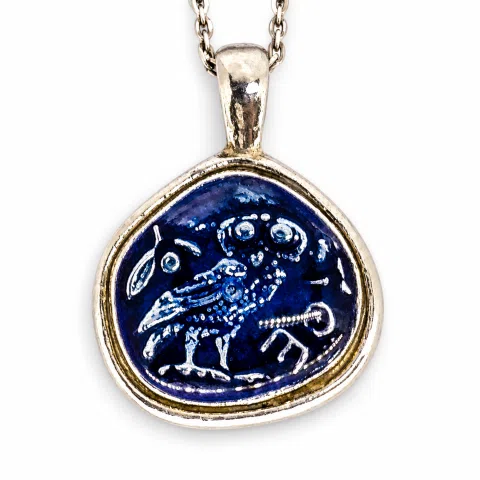 Athena's Owl Symbol of Wisdom Coin Pendant: Blue Enamel, Oxidized Sterling Silver