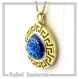 Alexander the Macedon coin silver necklace with Greek key 18k gold filled & sky-blue enamel.