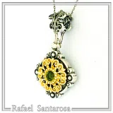 Genuine Peridot Gemstone Filigree Necklace: Sterling Silver Oxidised & Gold Filled Byzantine Pendant
