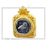 Athena Owl Coin Greek Museum Earrings: 18K Gold Filled Filigree and Oxidised Sterling Silver