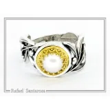 Natural Lapis or Pearl Floral Olive Branch Ring: Oxidized Sterling Silver Gold Filled Filigree