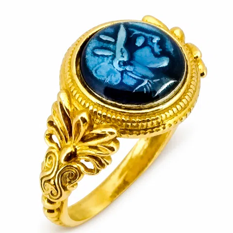 Athena Greek Goddess Head Coin Ring with Antefix Ornaments: Blue Enamel, 18K Gold-Filled Silver