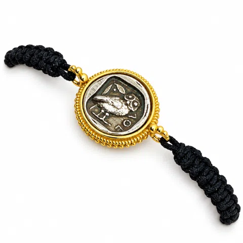 Owl Coin Bracelet Macrame Cord 18K Gold Filigree Base, Oxidized Sterling Silver Tetradrachm coin