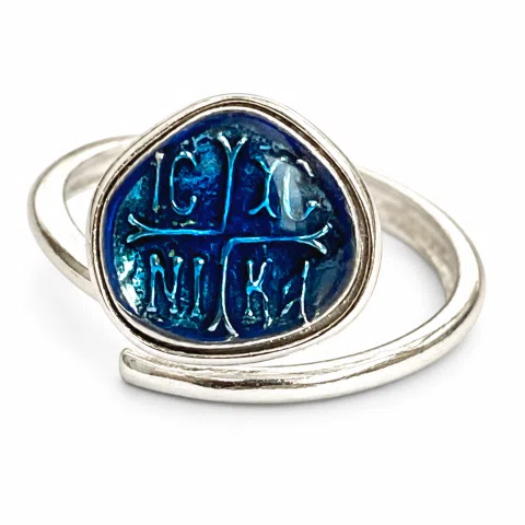 ICXC NIKA "Jesus Christ Conquers" Blue Enamel Christogram Talisman Ring: Solid Sterling Silver