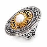 Byzantine Floral Queen Size Natural Pearl Ring: Oxidized Sterling Silver and 18K Gold Filled