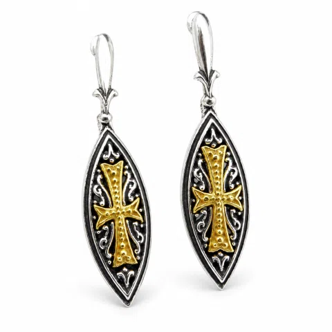 Maltese Cross Drop Earrings. Medieval Jewelry: Oxidized and 18K Gold-Filled Sterling Silver