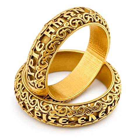Orthodox Religious "Jesus Have Mercy" Prayer Ring: Byzantine Solid Gold Wedding Band