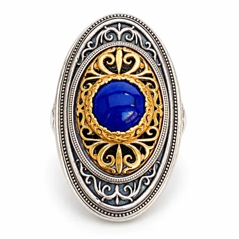 Natural Lapis Lazuli Big Byzantine Ring: Oxidized & 18k Gold Filled Sterling Silver