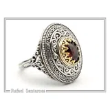 Dark Red Genuine Garnet Byzantine Style Ring: Oxidized Sterling Silver & 18K Gold Filled Bezel