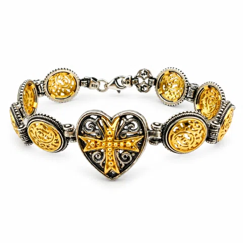 Byzantine Maltese Cross Holy Heart Knights Bracelet: Oxidized Sterling Silver and 18K Gold Filled