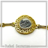 Athena Goddess Owl Tetradrachm Coin Greek Key Bracelet: Oxidized & 18k Gold Filled Sterling Silver