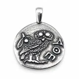 Greek Owl Coin Tetradrachm museum Replica Pendant: Oxidized Sterling Silver