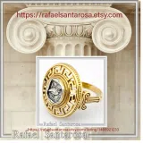 Athena Owl Coin Greek Key Ring with Greek Columns: Oxidized & Gold Filled Sterling Silver