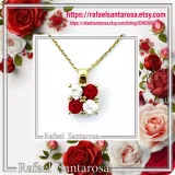 Alabaster Rose Flowers Gems Bouquet Square Necklace: Red &White Roses, Silver 18K Gold Filled.