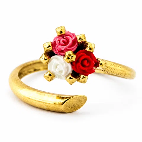 Alabaster Rose Flower Shaped Gems Bouquet Adjustable Ring: Sterling Silver 18K Gold Filled