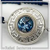 Sterling Silver Athena Promachos Bracelet Greek Key Tetradrachm Sky Blue Enamel Macrame Cord Viscose