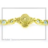 18K Gold Beaded Bracelet Handcrafted Byzantine Cross Filigree: Natural Genuine Sky-Blue Topaz Gemstones