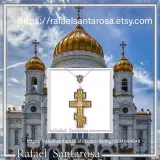 Russian type Orthodox Cross: Sky Blue Topaz, Oxidized & 18K Gold Filled Silver Byzantine Filigree