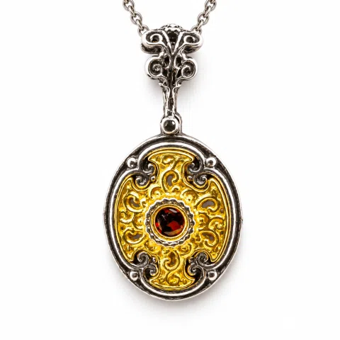 Byzantine Cross Shaped Natural Red Garnet Filigree Necklace: 18K Gold filled and oxidised Silver