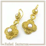 Byzantine Cross Filigree Dangle Earrings: Natural Pearl 18k Gold-Filled sterling silver