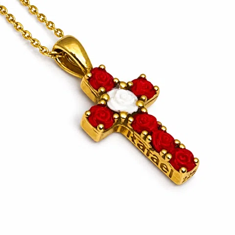 Tiny Cross Necklace: Hand Sculpted Alabaster Rose Flowers 18K Gold Filled Sterling Silver Cross