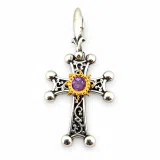 Byzantine Silver Hand engraved Cross with Genuine Amethyst: Oxidized silver, 18K gold Filled Bezel