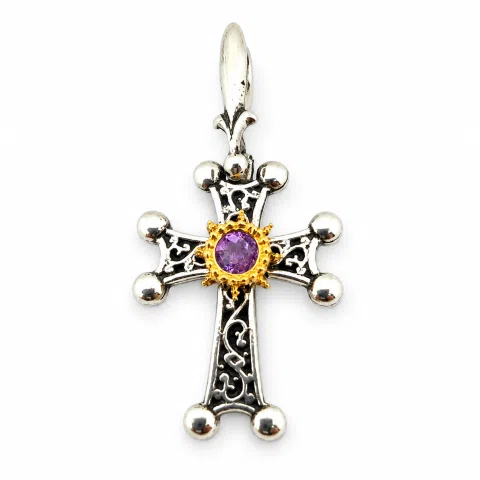Byzantine Silver Hand engraved Cross with Genuine Amethyst: Oxidized silver, 18K gold Filled Bezel