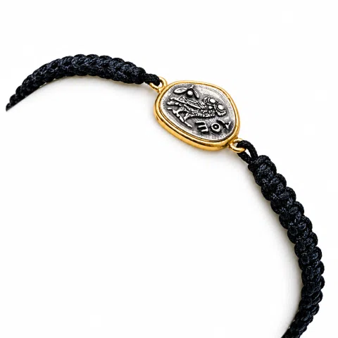 Athena Owl Ancient Greek Tetradrachm Coin Bracelet: Oxidized & Gold Filed Sterling Silver, Macramé Cord