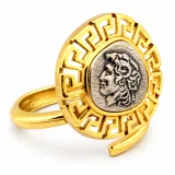 Alexander the Greek coin adjustable ring oxidized, and 18K gold filled sterling silver Greek Key