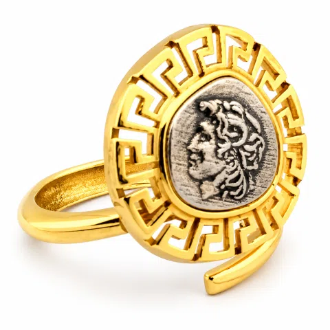 Alexander the Greek coin adjustable ring oxidized, and 18K gold filled sterling silver Greek Key