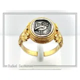 Tetradrachm Athena Owl Replica Greek Coin Ring, Antefix Filigree decoration: Sterling Silver oxidized & Gold-Filled