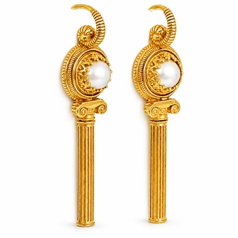 Greek Temple Column Natural Pearl Earrings: 18K Gold Filled Sterling Silver, Greek Museum Jewelry