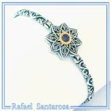 Natural Amethyst Byzantine Star Bracelet: Oxidised Sterling Silver, 18K Gold Filled Bezel
