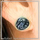 Oxidized Sterling Silver Athenian Tetradrachm Owl Earrings: Athena Coin Studs with Sky Blue Enamel