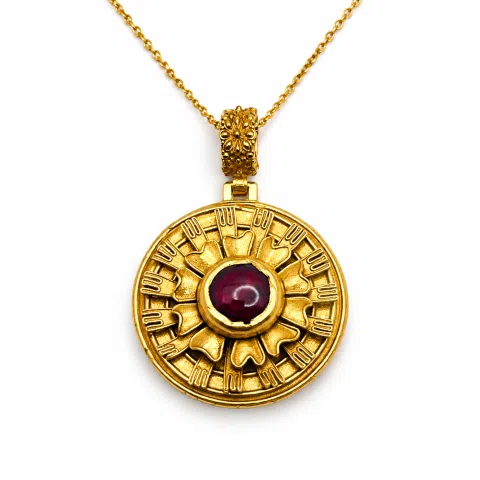 Ancient Greek Flower Museum Replica Pendant, Sterling Silver 18K Gold Filled Natural Garnet Necklace
