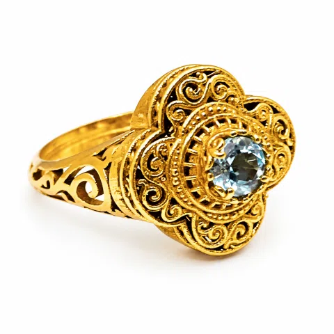 Natural brilliant cut topaz Byzantine Ring: Engraved and filigree Sterling Silver 18K Gold Filled