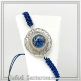 Sterling Silver Athena Promachos Bracelet Greek Key Tetradrachm Sky Blue Enamel Macrame Cord Viscose