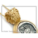 Athena Owl Tetradrachm Coin Antefix Pendant: Sterling Silver oxidised on 18K Gold-Filled Filigree Base