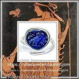 Athena Owl Coin Tetradrachm Ring Museum Replica: Transparent Blue Enamel on Sterling Silver Coin