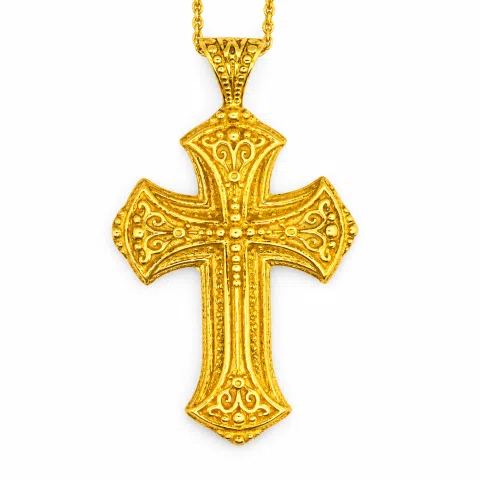 Byzantine Filigree Cross: 18k Solid Yellow Gold Greek Orthodox Religious Baptism Cross Pendant