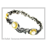 Natural Lapis Lazuli Olive Leaf Floral Beaded Bracelet: Oxidized and 18K Gold Filled Silver