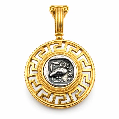 Athenian Owl Coin Pendant: 18k Gold-Filled Sterling Silver Greek Key Necklace