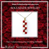 Handmade Rose Flowers Gems Pave Pendant: 18 K Gold-Filled Sterling Silver Beaded Floral Necklace