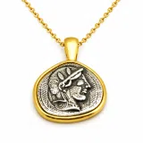 Athena Goddess Coin Pendant, Greek Museum Replica Necklace: Oxidized & 18K Gold Filled Sterling Silver